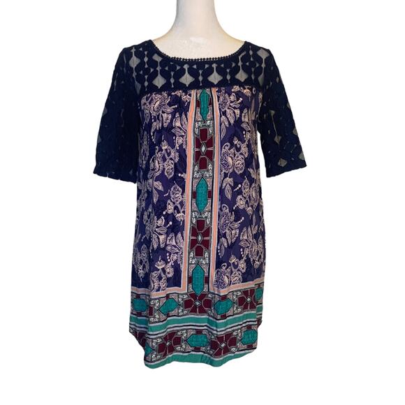 Akemi + Kin Anthropologie Maite navy blue multicolor tunic top size S - Picture 2 of 13